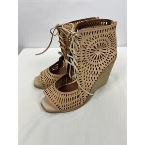 Jeffrey Campbell Rayos Wedge Sandals Peach Laser Cut Lace Up